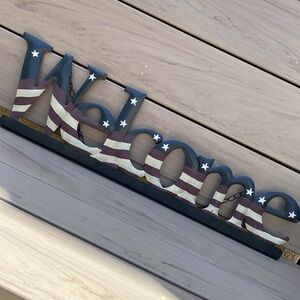 25" Metal Welcome Hanging Sign with Red White & Blue Striped and Star Pattern
